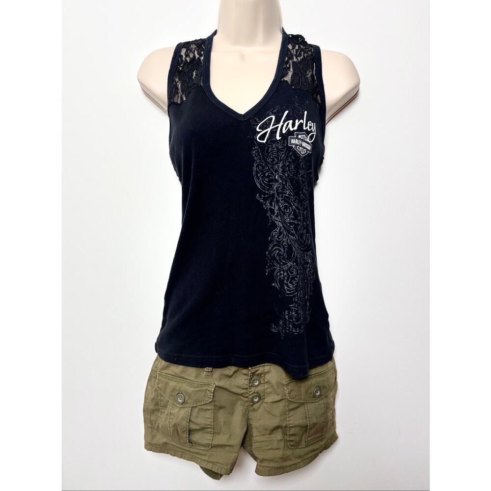 Harley Davidson Black Lace Fitted Racerback Tank White Script